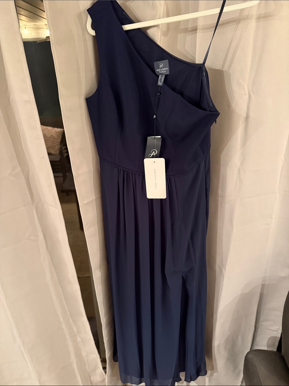 NWT Adrianna papell one-Shoulder chiffon navy formal maxi wedding guest MOB MOG - Picture 7 of 8